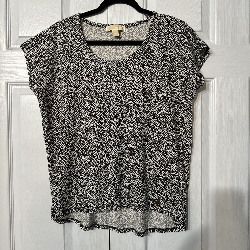 Michael Kors‎ Women L Black and White Marble Print Hi-lo Top With MK Medallion